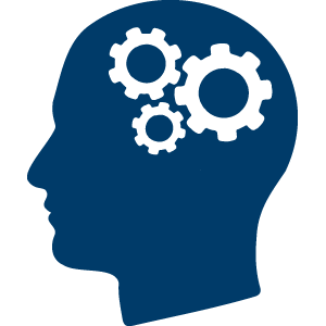 Icon Design Thinking Abbildung Kopf mit drei Zahnrädern in unterschiedlichen Größen
