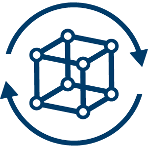 Icon Prototypenentwicklung mit Lean Startup Prototyp eines Produktes, außenrum zwei Pfeile, die im Uhrzeigersinn im Kreis rotieren.